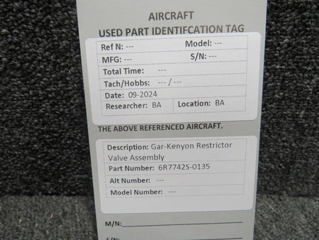 Gar-Kenyon 6R7742S-0135 Gar-Kenyon Restrictor Valve Assembly