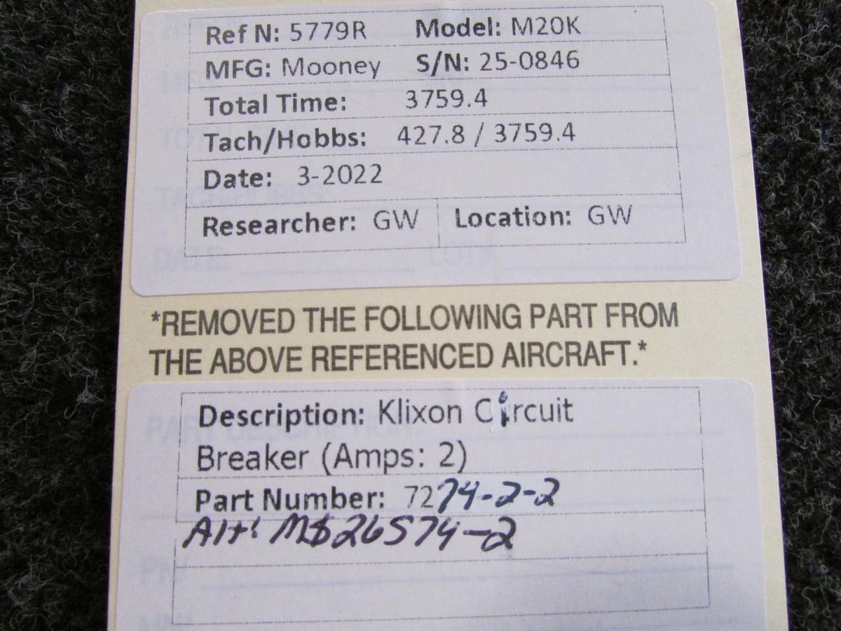 Klixon 7274-2-2 (Alt: MS26574-2) Klixon Circuit Breaker (2 Amps)