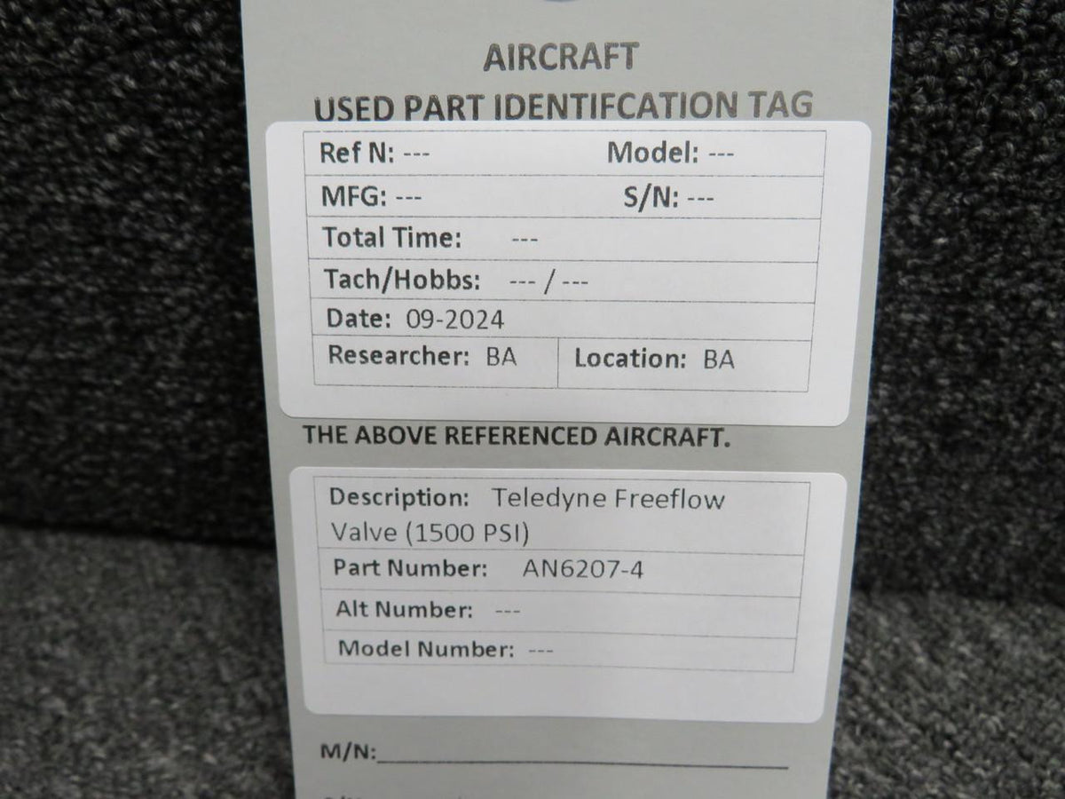Teledyne AN6207-4 Teledyne Freeflow Valve (1500 PSI)