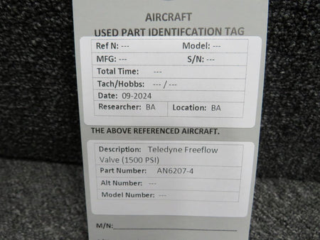 Teledyne AN6207-4 Teledyne Freeflow Valve (1500 PSI)