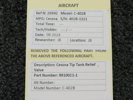 Cessna Aircraft Parts 9910021-1 Cessna C-402B Tip Tank Relief Valve