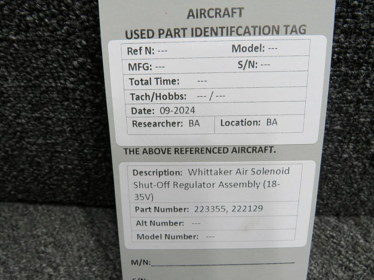 Whittaker 223355, 222129 Whittaker Air Solenoid Shut-Off Regulator Assembly (18-35V)