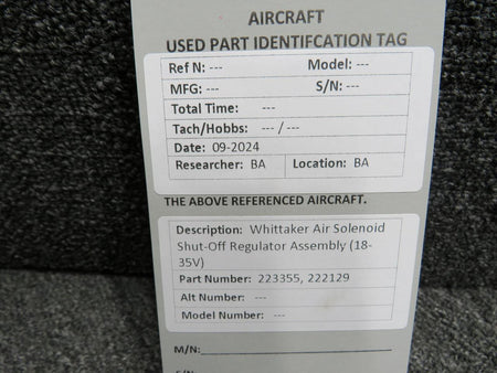 Whittaker 223355, 222129 Whittaker Air Solenoid Shut-Off Regulator Assembly (18-35V)
