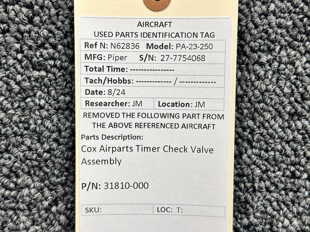 Cox Parts 31810-000 Cox Airparts Timer Check Valve Assembly