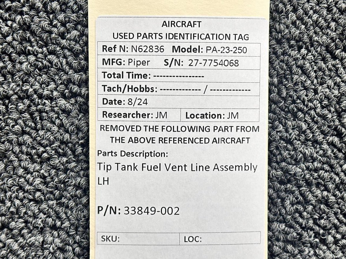 Piper Aircraft Parts 33849-002 Piper PA23-250 Tip Tank Fuel Vent Line Assembly LH