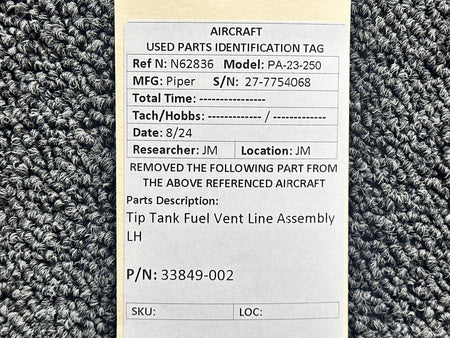 Piper Aircraft Parts 33849-002 Piper PA23-250 Tip Tank Fuel Vent Line Assembly LH