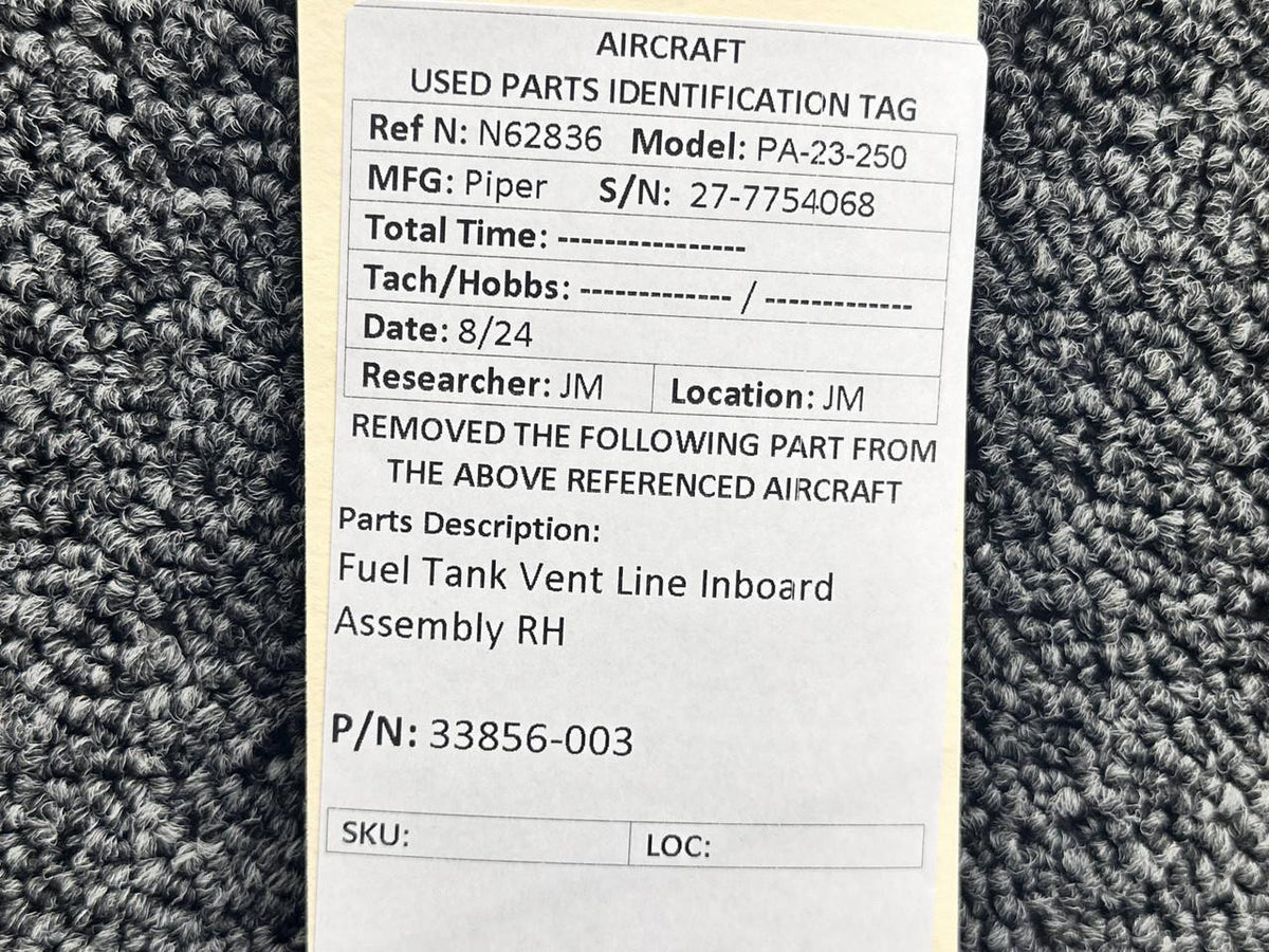 Piper Aircraft Parts 33856-003 Piper PA23-250 Fuel Tank Vent Line Inboard Assembly RH