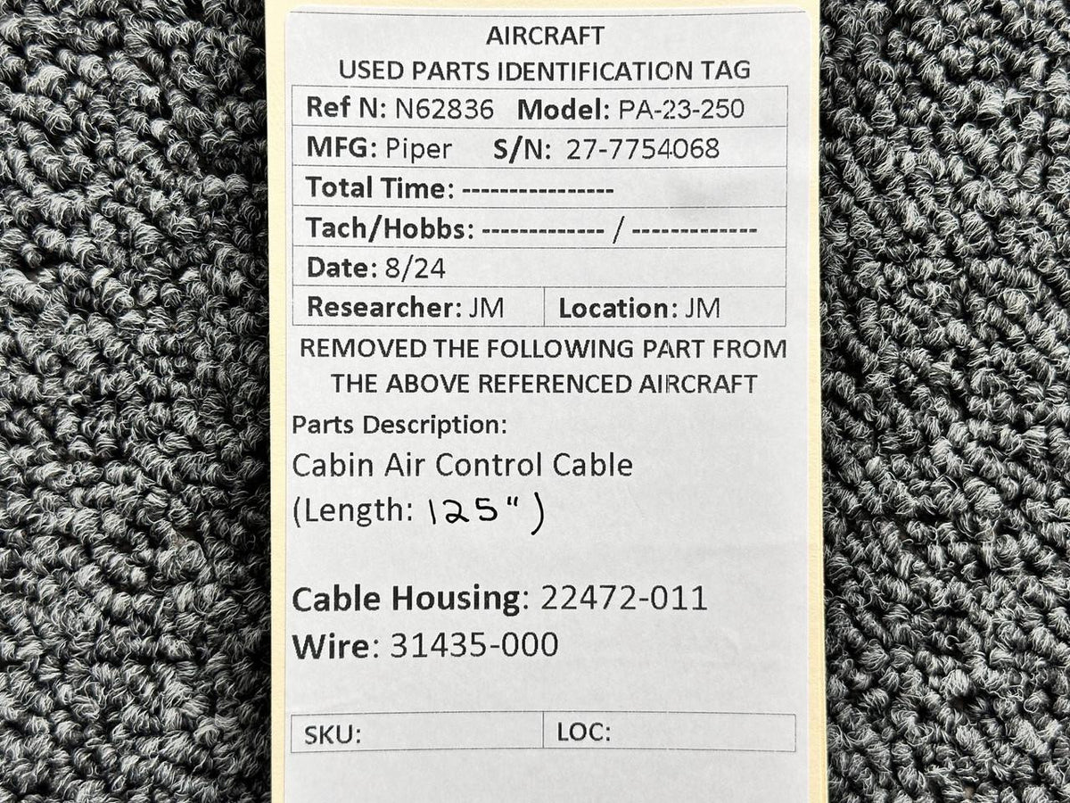 Piper Aircraft Parts 22472-011, 31435-000 Piper PA23-250 Cabin Air Control Cable (Length: 125”)