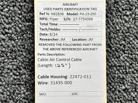 Piper Aircraft Parts 22472-011, 31435-000 Piper PA23-250 Cabin Air Control Cable (Length: 125”)