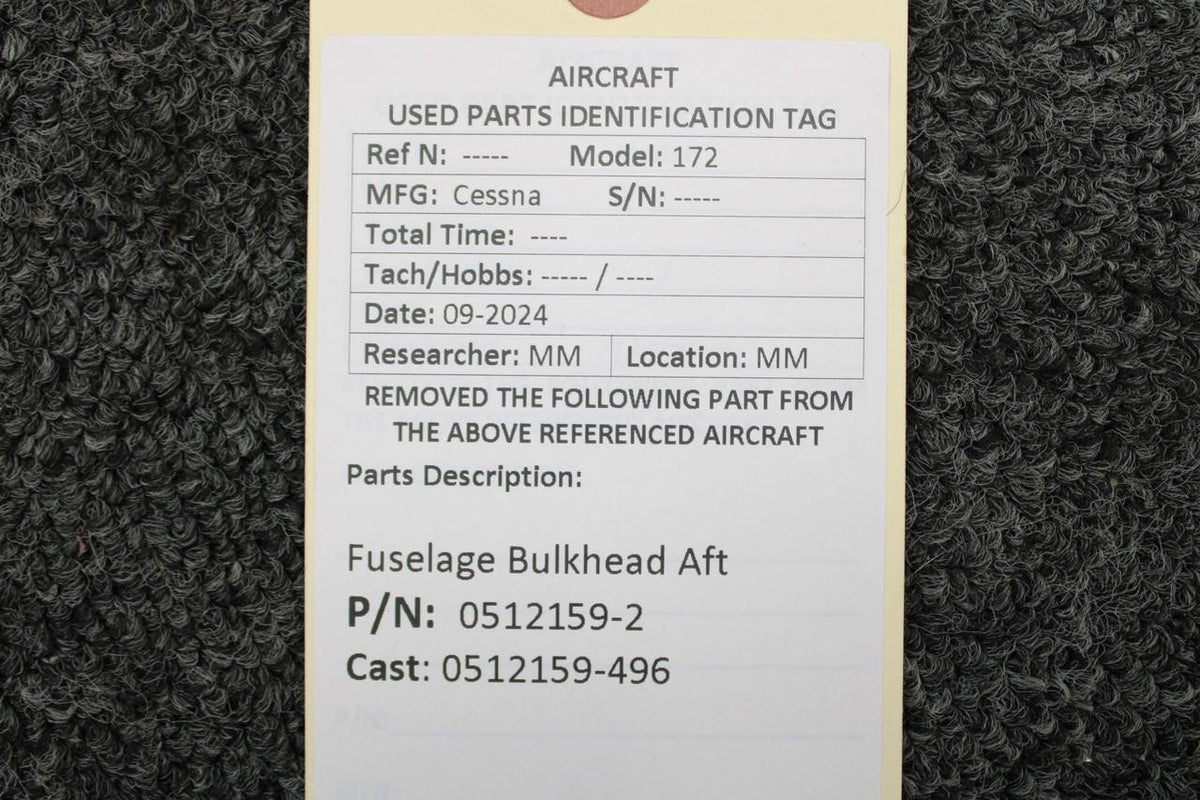 Cessna Aircraft Parts 0512159-2 (Cast: 0512159-496) Cessna 172 Fuselage Bulkhead Aft