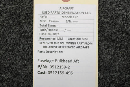 Cessna Aircraft Parts 0512159-2 (Cast: 0512159-496) Cessna 172 Fuselage Bulkhead Aft