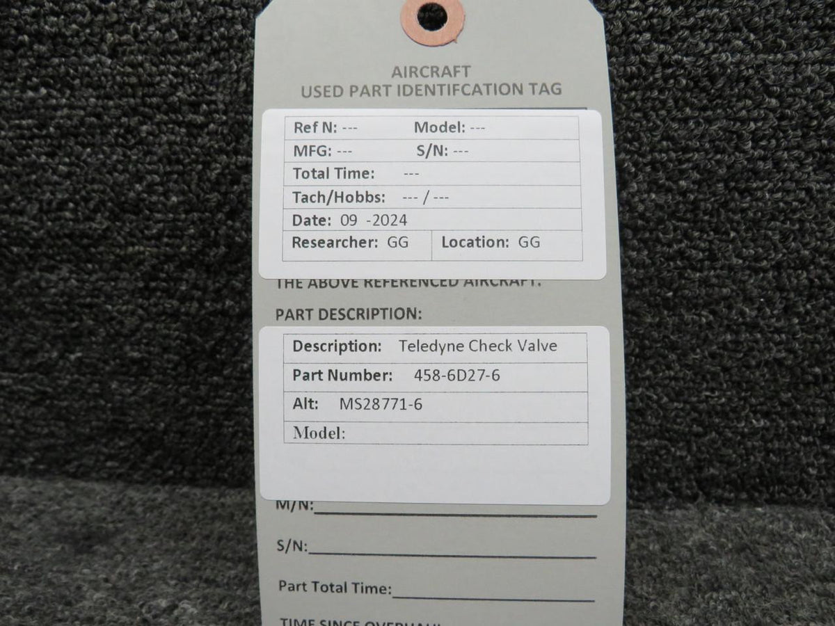 Teledyne 458-6D27-6 (Alt: MS28771-6) Teledyne Check Valve