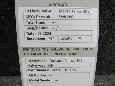 Dassault Falcon MY20-210-10A Dassault Falcon 20E Valve Assembly