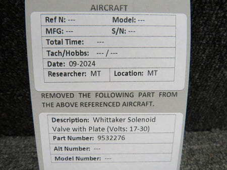 Whittaker 9532276 Whittaker Solenoid Valve with Plate (Volts: 17-30)