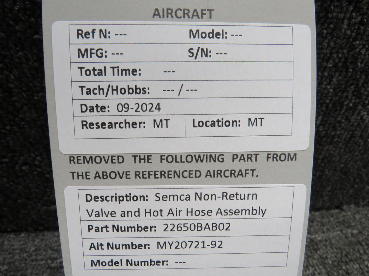 Semca 22650BAB02 (Alt: MY20721-92) Semca Non-Return Valve and Hot Air Hose Assembly