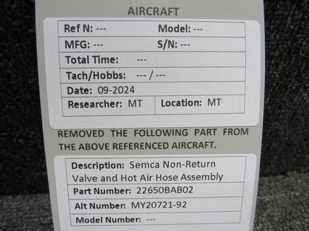 Semca 22650BAB02 (Alt: MY20721-92) Semca Non-Return Valve and Hot Air Hose Assembly
