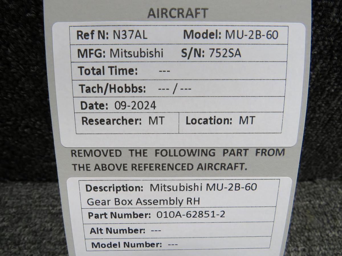 010A-62851-2 Mitsubishi MU-2B-60 Gear Box Assembly RH