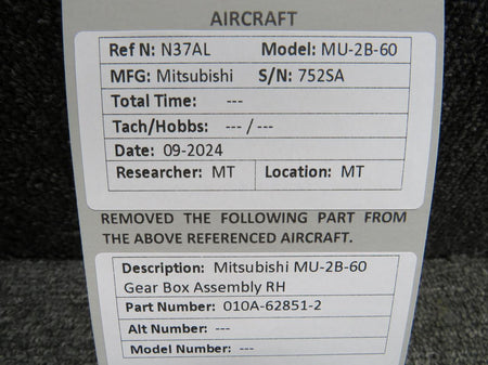 010A-62851-2 Mitsubishi MU-2B-60 Gear Box Assembly RH