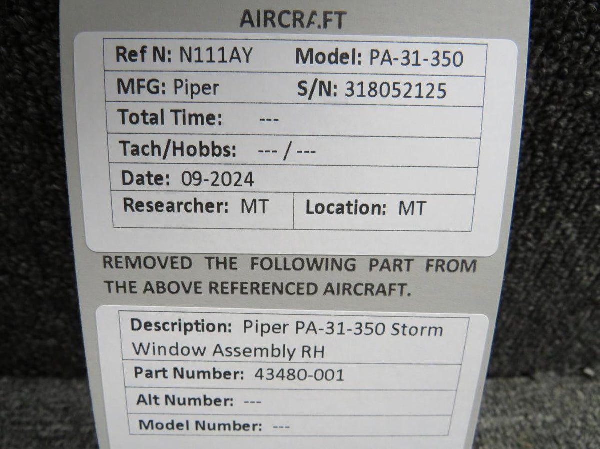 Piper Aircraft Parts 43480-001 Piper PA31-350 Storm Window Assembly RH