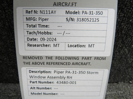 Piper Aircraft Parts 43480-001 Piper PA31-350 Storm Window Assembly RH