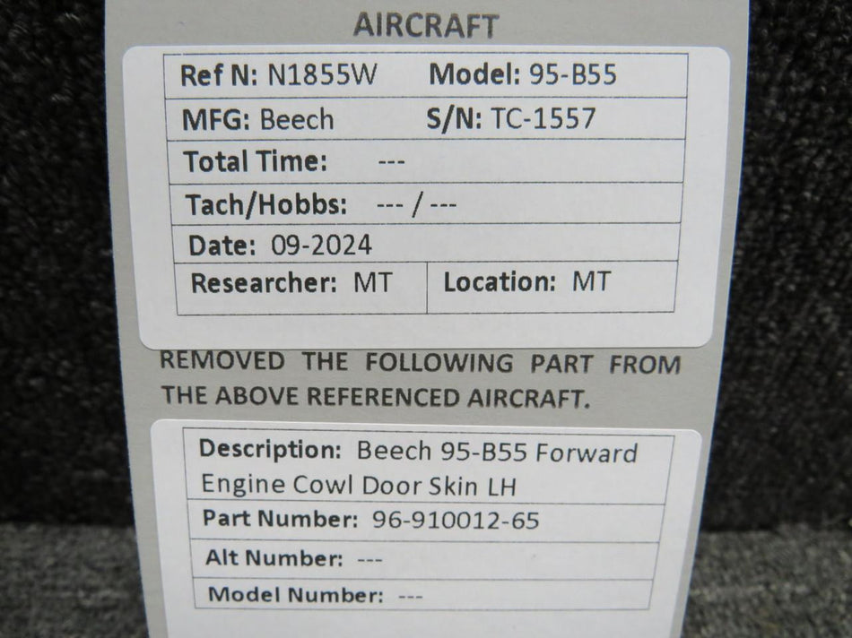 Beechcraft Parts 96-910012-65 Beech 95-B55 Forward Engine Cowl Door Skin LH