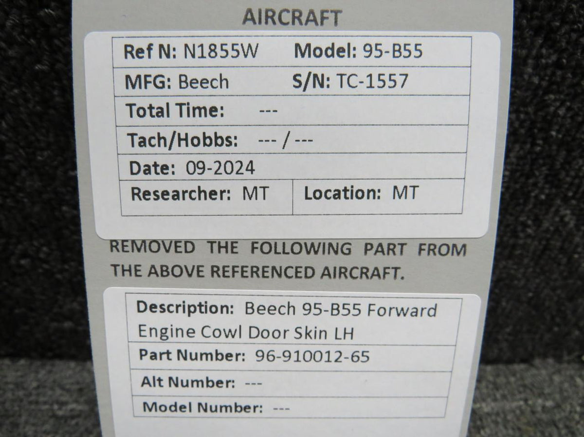 Beechcraft Parts 96-910012-65 Beech 95-B55 Forward Engine Cowl Door Skin LH