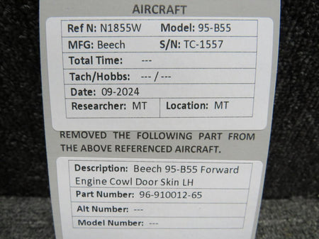 Beechcraft Parts 96-910012-65 Beech 95-B55 Forward Engine Cowl Door Skin LH