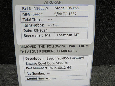 96-910012-66 Beech 95-B55 Forward Engine Cowl Door Skin RH