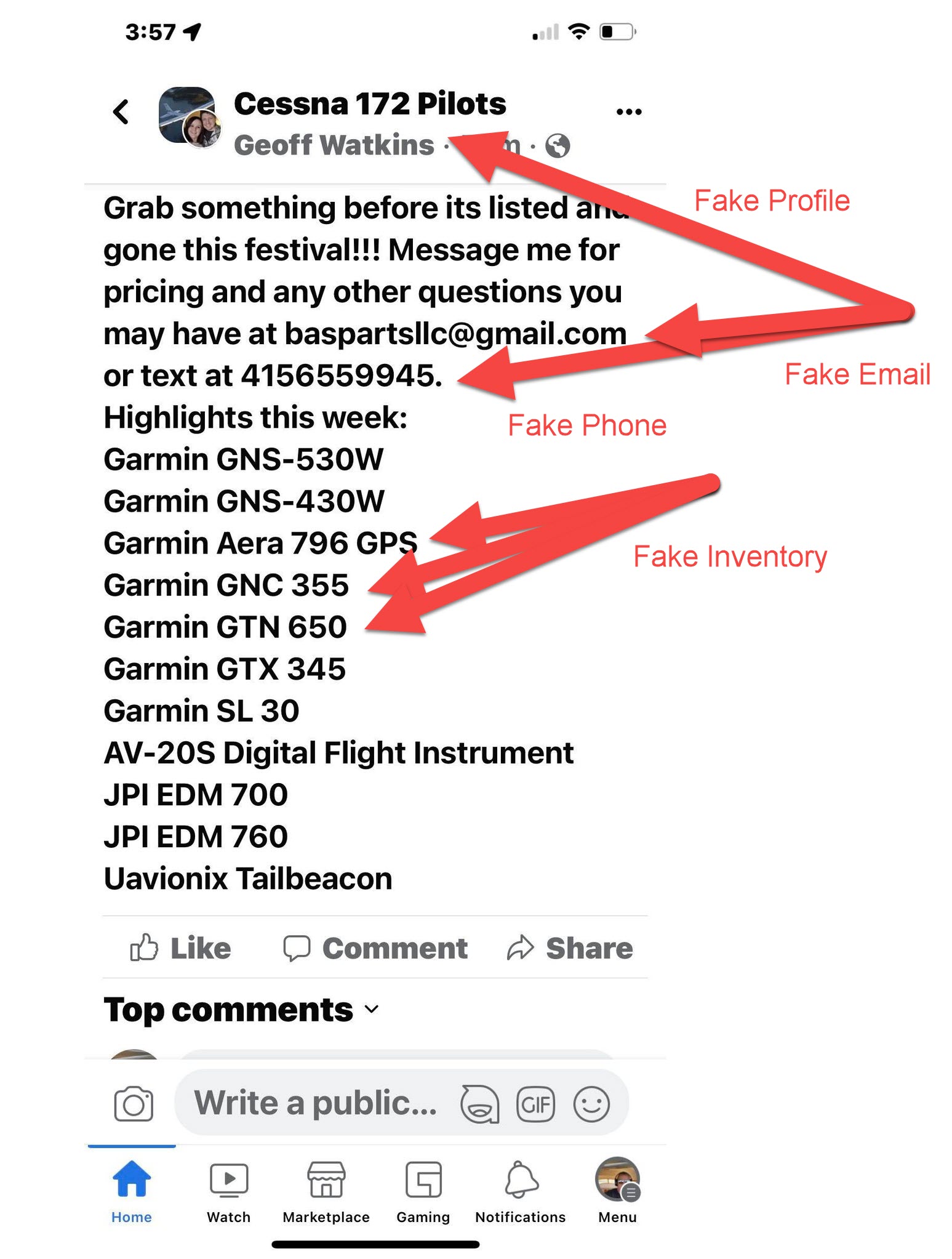 aviation parts scammer caught in the act on Facebook