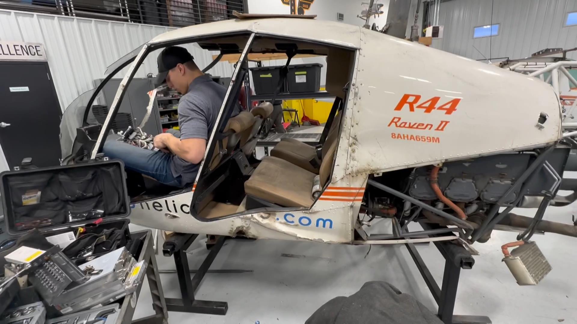 Robinson R44 in the aircraft salvage hangar at BAS being disassembled