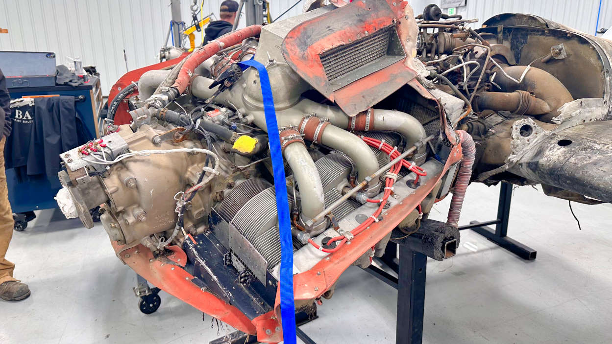 One of two airplane engines from the wrecked Cessna 421 aircraft salvage unit 353
